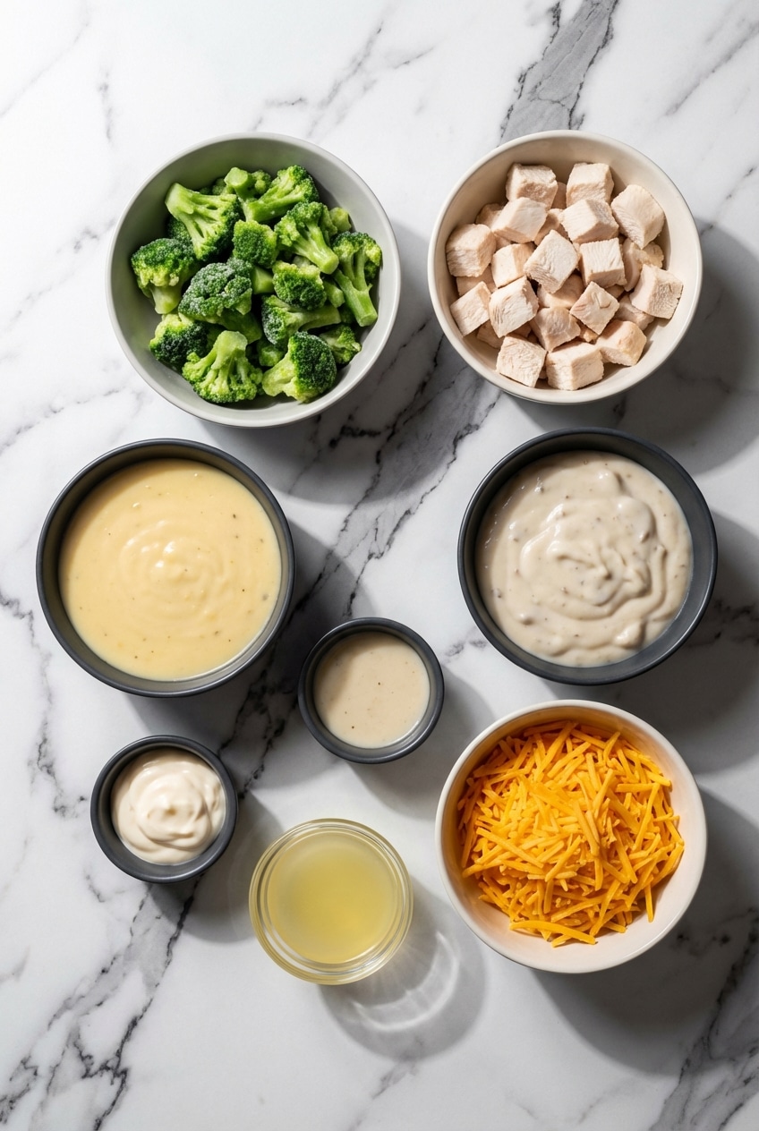 Ingredients for chicken divan recipe including rotisserie chicken, broccoli florets, and cheddar cheese on a flat surface.