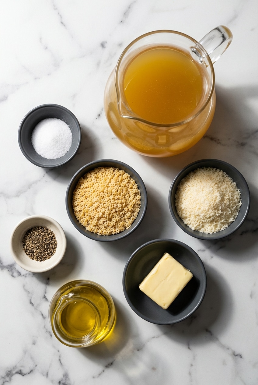 Raw ingredients for Chicken Pastina Soup including acini di pepe, Parmigiano-Reggiano, and mirepoix vegetables.