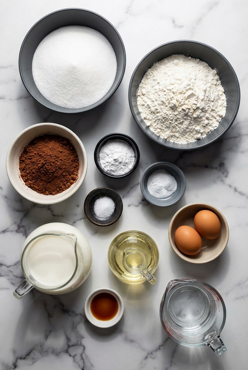 Overhead view of ingredients for a chocolate cake recipe including Dutch-process cocoa, hot coffee, and oil on a work surface.