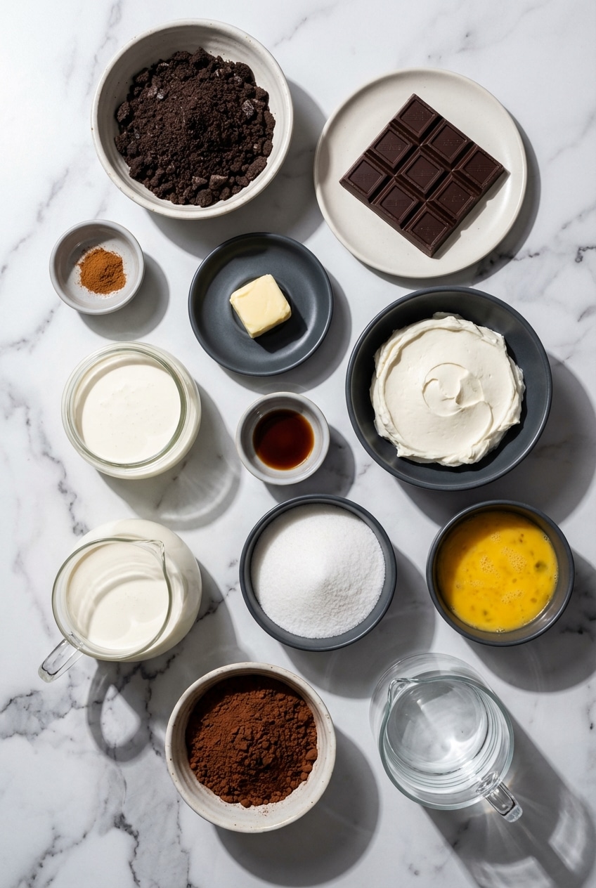 Overhead view of chocolate mousse cheesecake components like couverture chocolate, cream cheese, and cocoa.