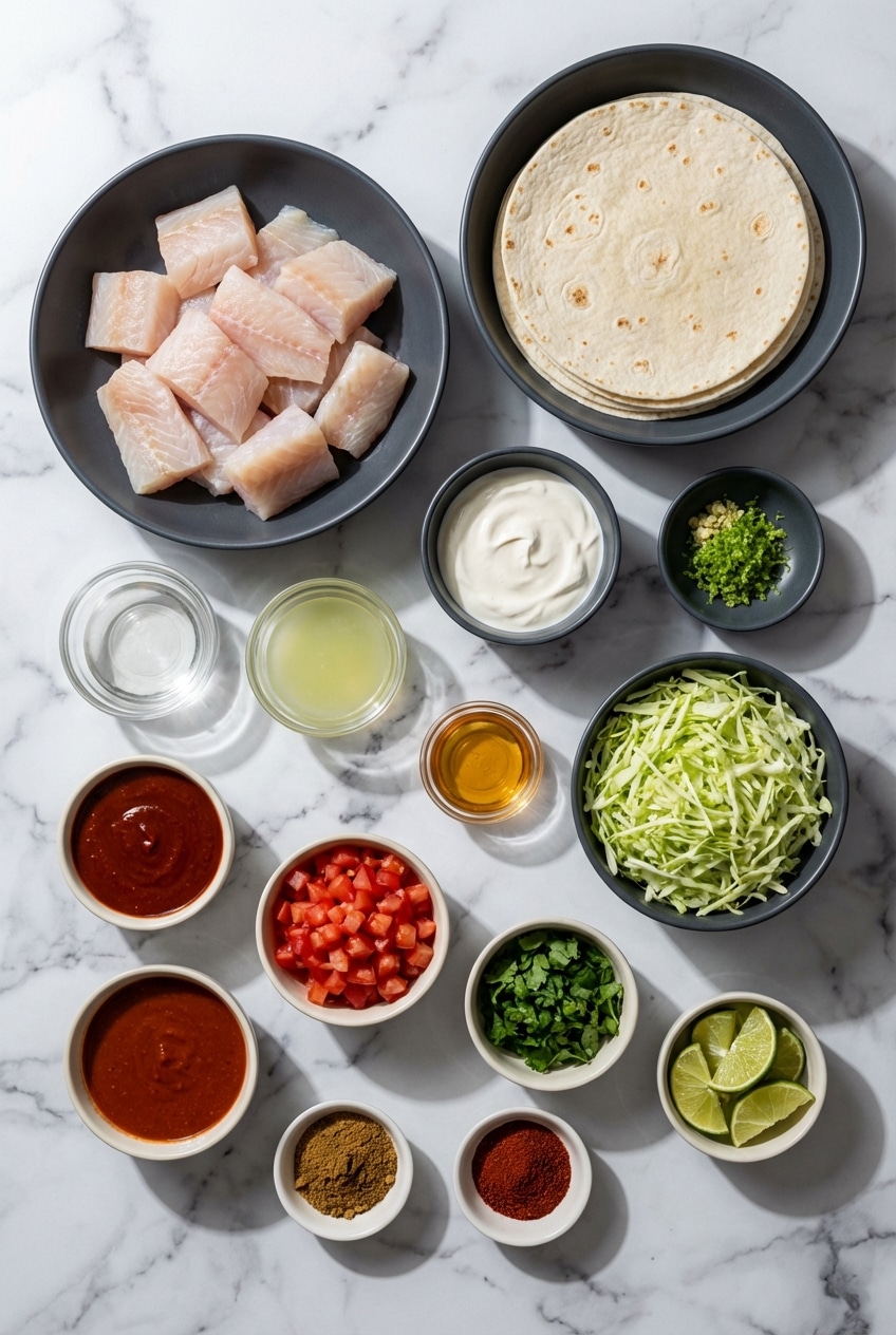 Flat lay of Mahi Mahi, corn tortillas, and lime juice ingredients needed for these grilled fish tacos.