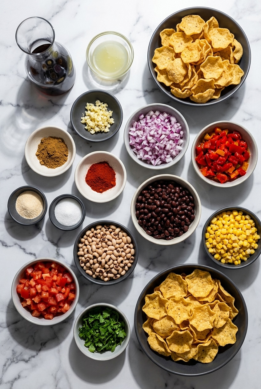 Flat lay of Cowboy Caviar Recipe ingredients including black-eyed peas, black beans, cumin, and smoked paprika.