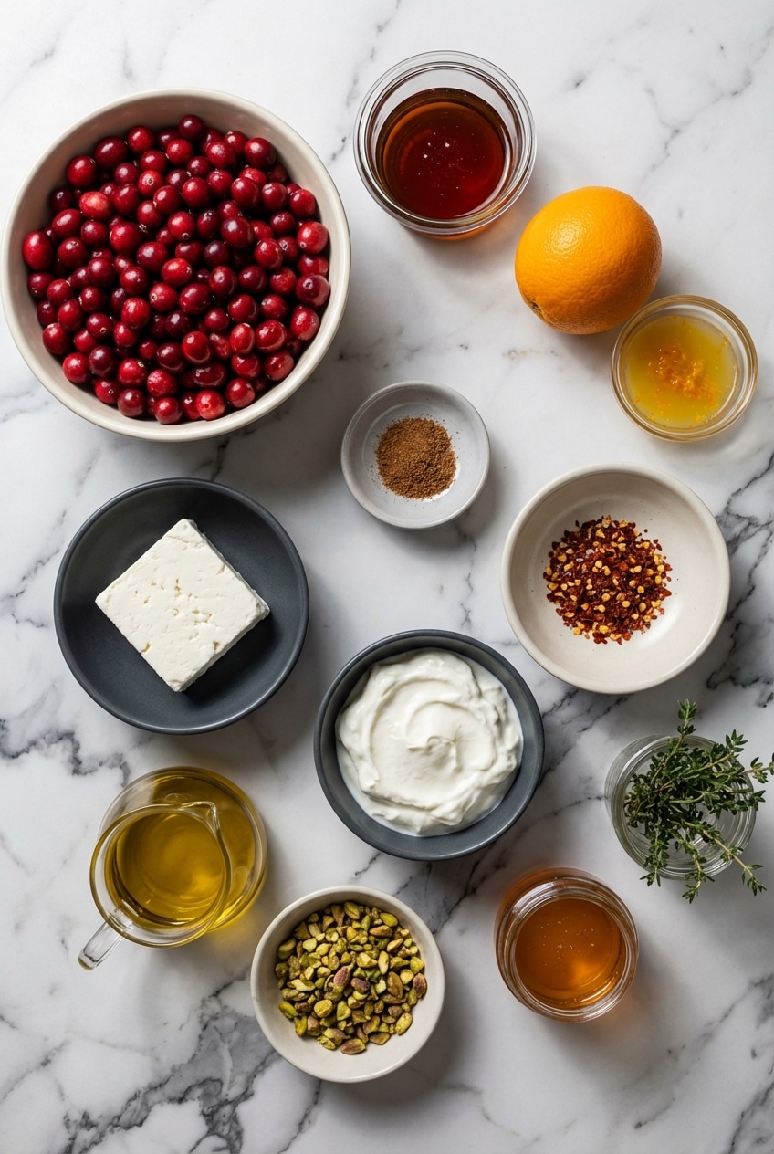 Raw ingredients for cranberry whipped feta dip including feta cheese, Greek yogurt, and fresh cranberries.
