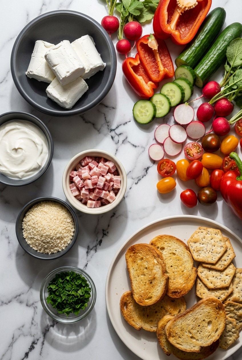 Overhead view of room temperature chèvre, crème fraîche, roasted garlic, and lemon zest for whipped goat cheese.