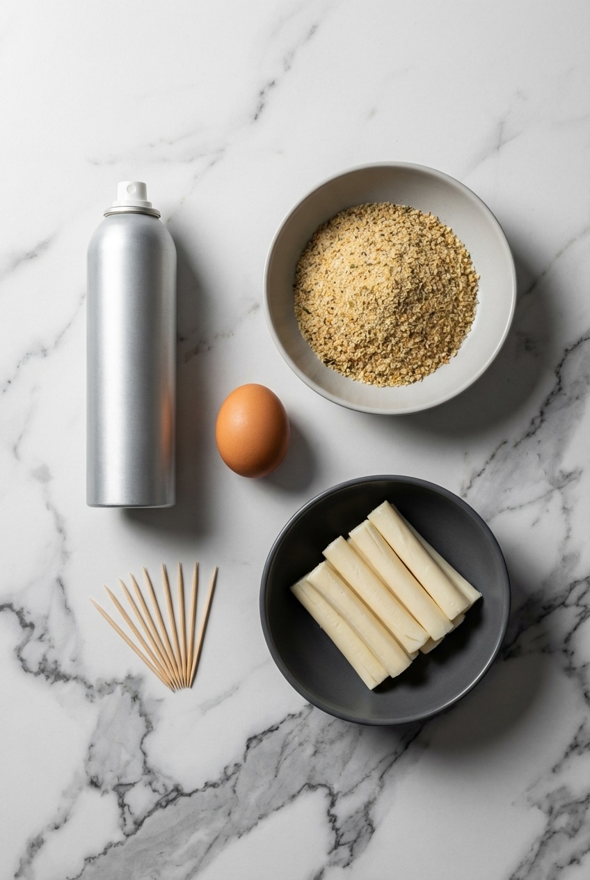 Ingredients for baked mozzarella sticks laid out, including low-moisture string cheese, Panko breadcrumbs, eggs for an egg wash, and cornstarch.