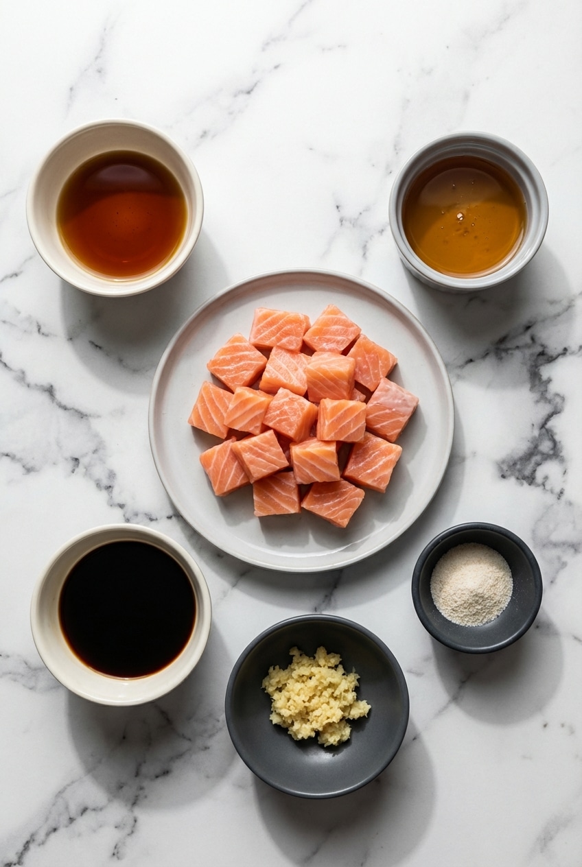 Raw Atlantic salmon cubes, sesame oil, rice vinegar, and cornstarch for making crispy salmon bites.