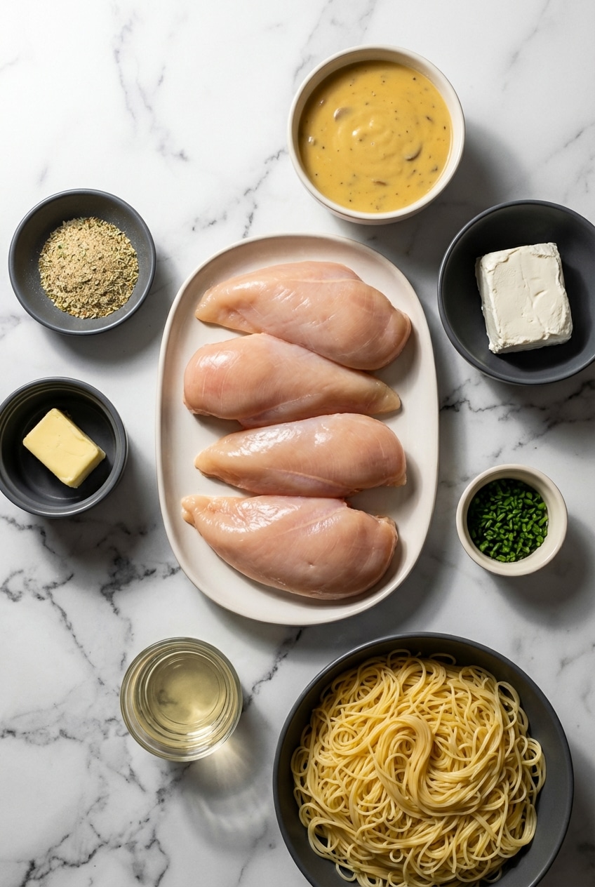 Flat lay of crockpot angel chicken ingredients including chicken breasts, golden mushroom soup, and cream cheese.