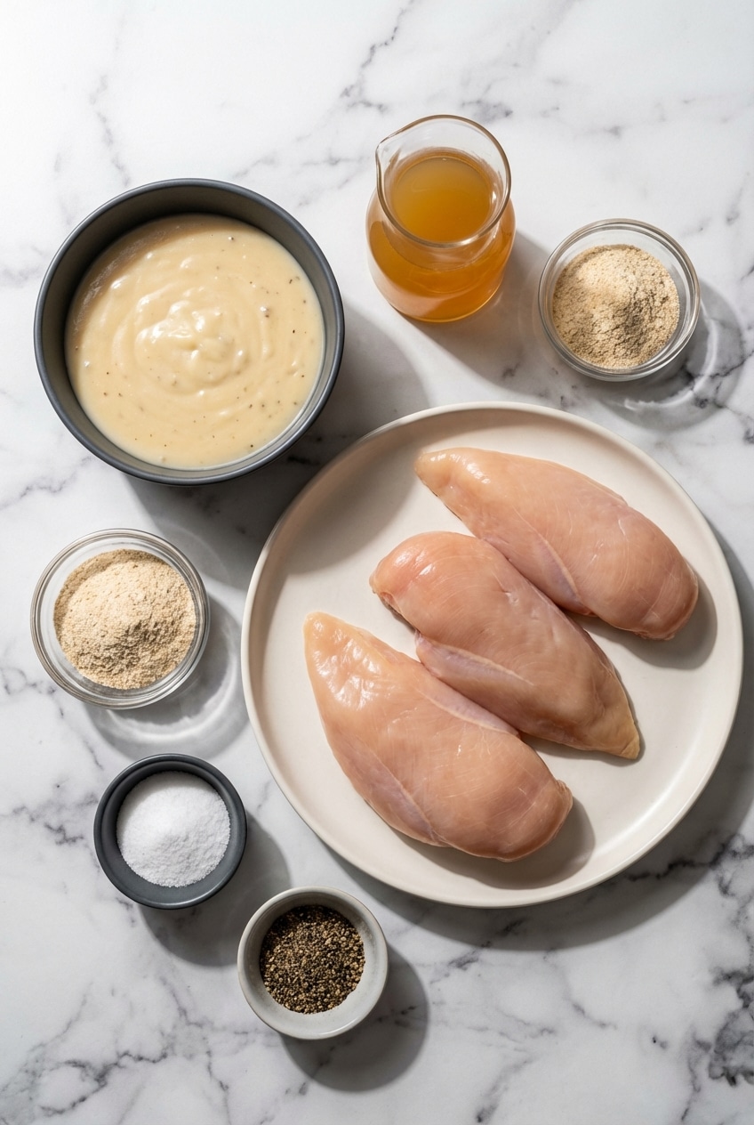 Raw ingredients for crockpot chicken and gravy including boneless skinless chicken breasts, cream of chicken soup, and herbs.