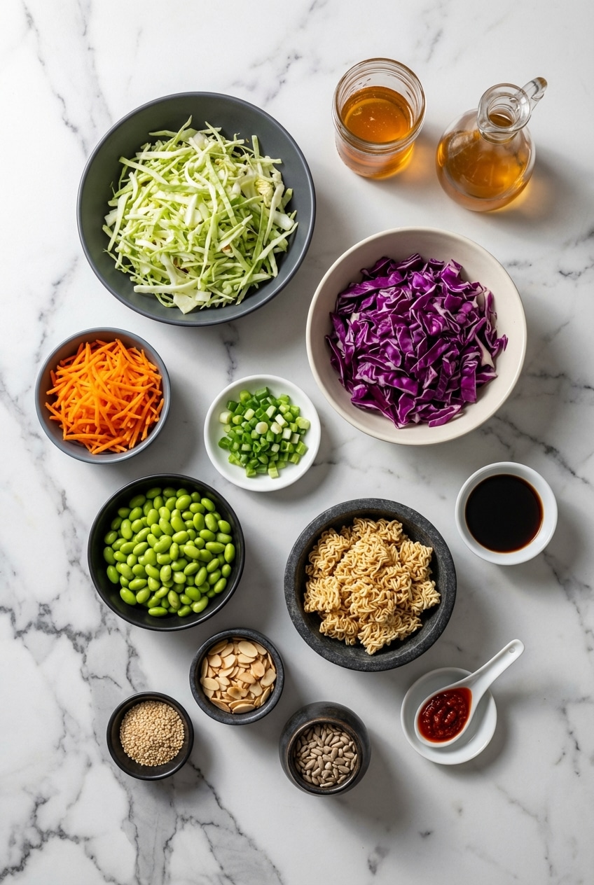 Fresh Napa cabbage, dry ramen noodles, edamame, and almonds arranged on a table for a Crunchy Asian Salad.