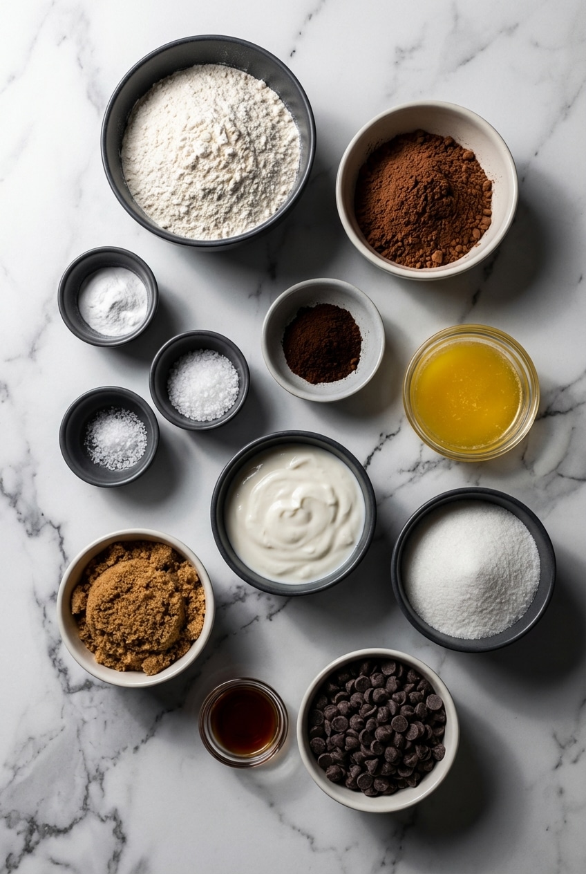 Flat lay of Dutch-process cocoa, coconut oil, and vegan chocolate chips for dairy free chocolate cookies.