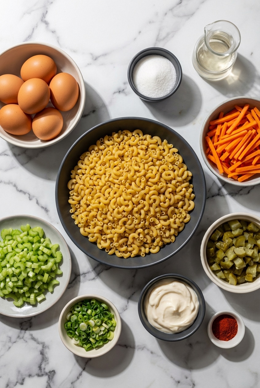 Flat lay of deviled egg pasta salad ingredients including hard-boiled eggs, elbow macaroni, and dill pickles.