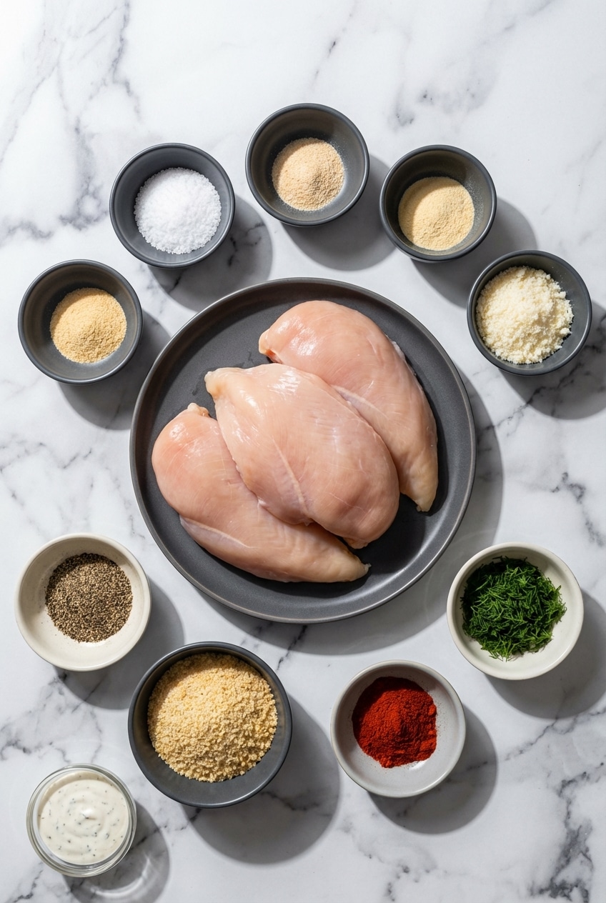 Raw boneless skinless chicken breasts, parmesan cheese, panko, and spices laid out to make dill pickle parmesan chicken.
