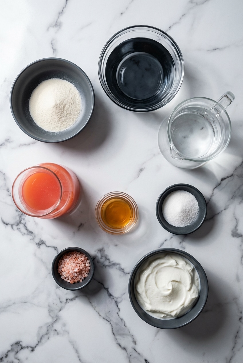 Flat lay of Dr Oz Pink Gelatin Recipe ingredients including unflavored gelatin, pink grapefruit juice, and monk fruit.