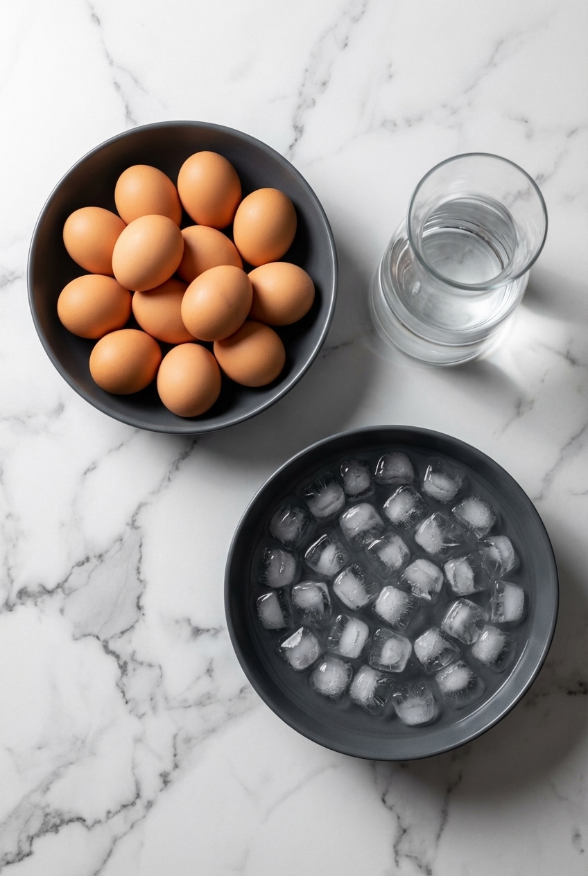 Flat lay of large eggs, a bottle of white vinegar, and a stainless steel trivet for instant pot hard boiled eggs.