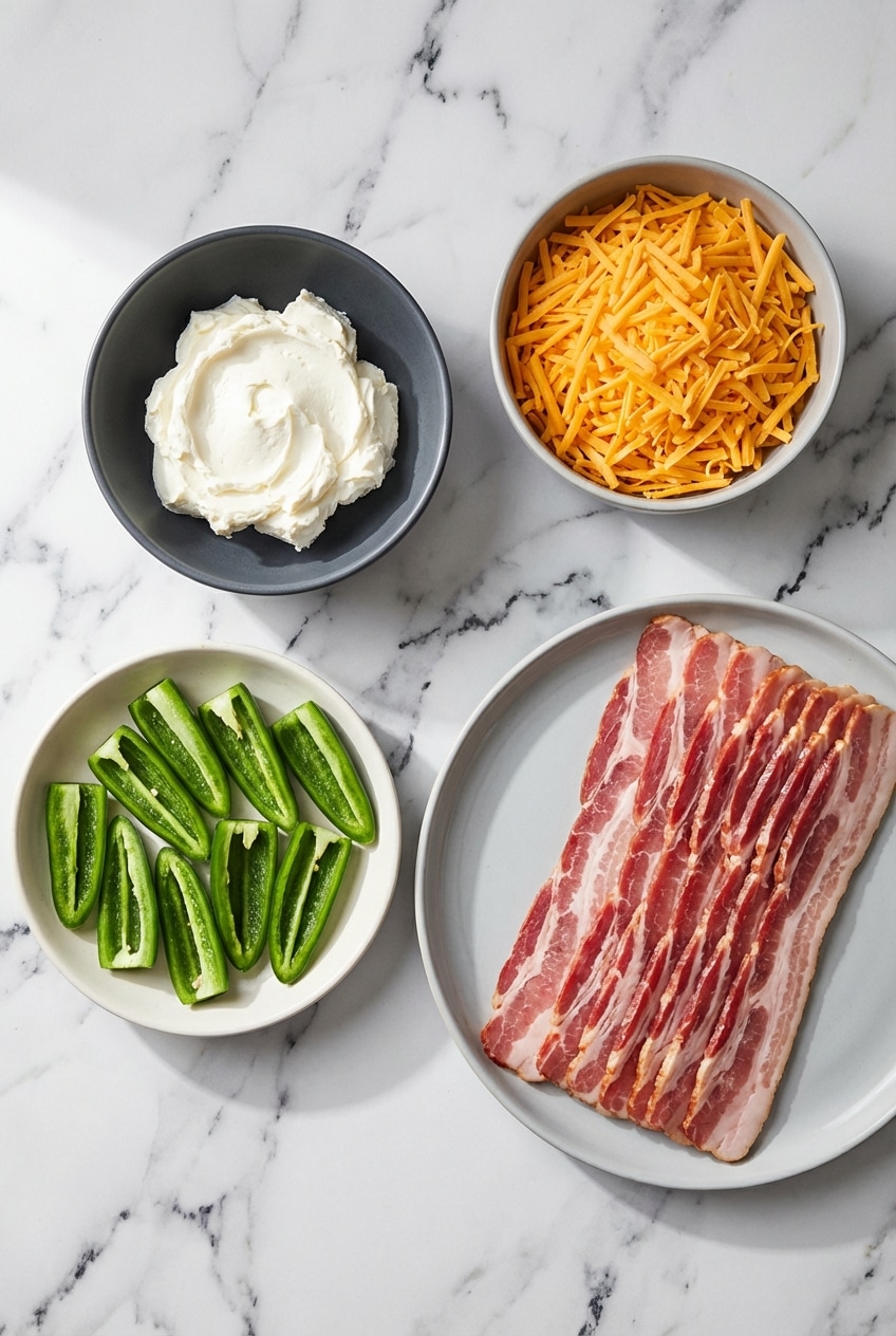 Fresh jalapeño peppers, bacon strips, cream cheese, and cheddar cheese arranged for easy preparation.
