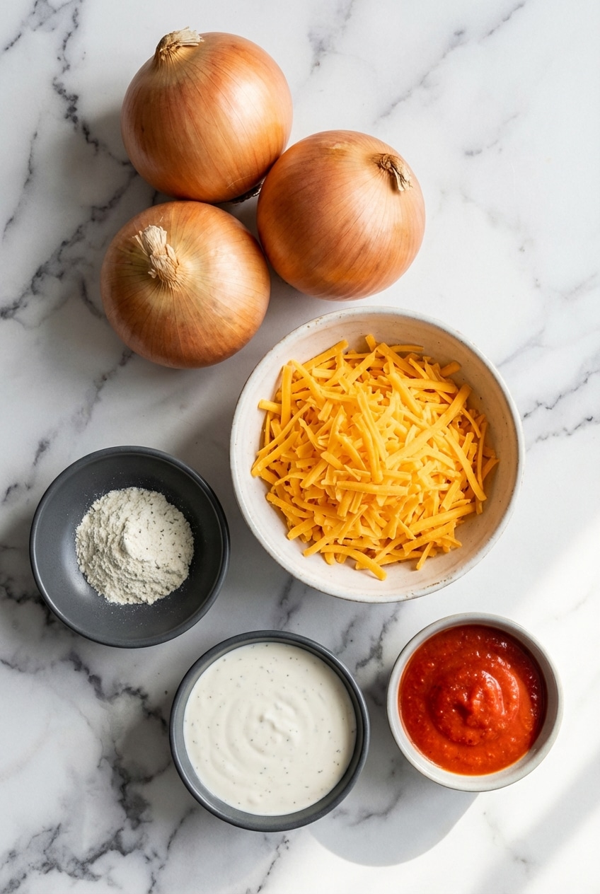 Ingredients for Cheesy Onion Crisps laid out, including a whole Vidalia onion, a block of cheddar cheese, paprika, and cornstarch.