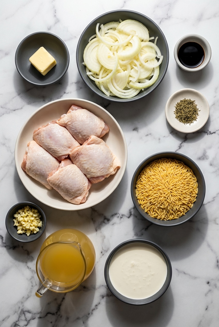 Ingredients for French onion chicken orzo featuring bone-in chicken thighs, orzo pasta, beef broth, and fresh thyme.