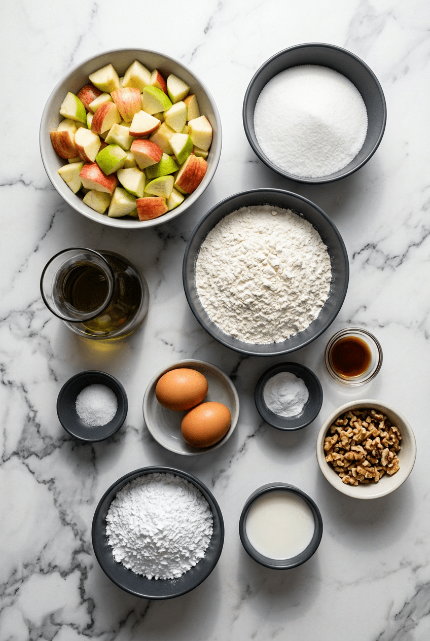 Flat lay of fresh apple cake ingredients featuring Granny Smith apples, cinnamon, all-purpose flour, and brown butter.