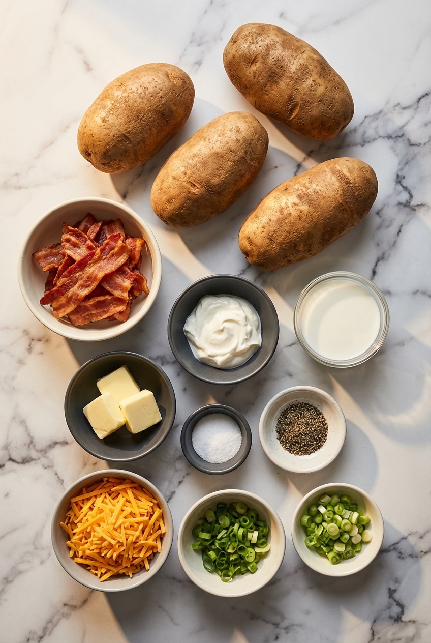 Raw russet potatoes, Boursin cheese, garlic cloves, sour cream, and sharp cheddar cheese for twice baked potatoes.