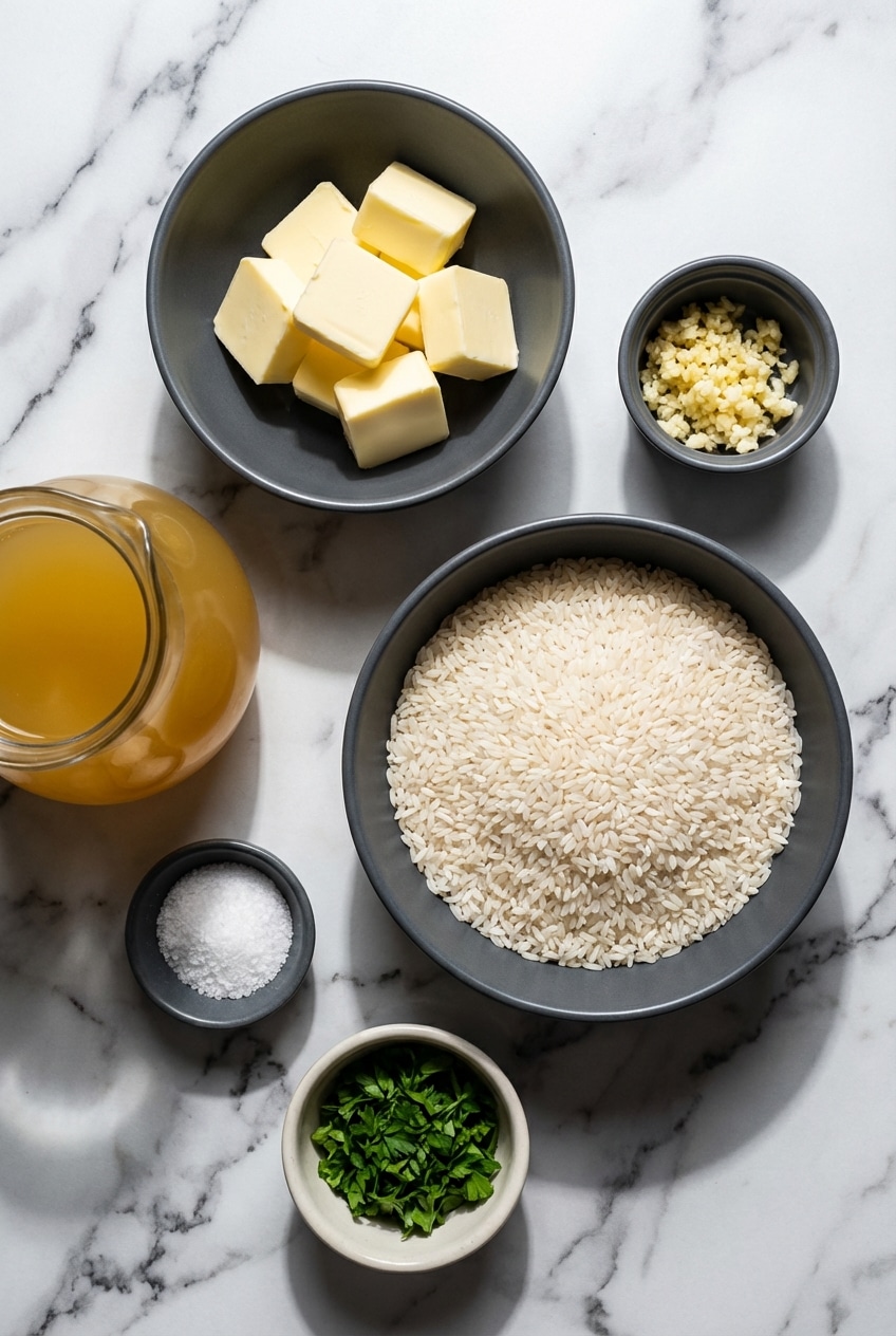 Flat lay of Basmati rice, unsalted butter, minced garlic, chicken broth, and cumin seeds.