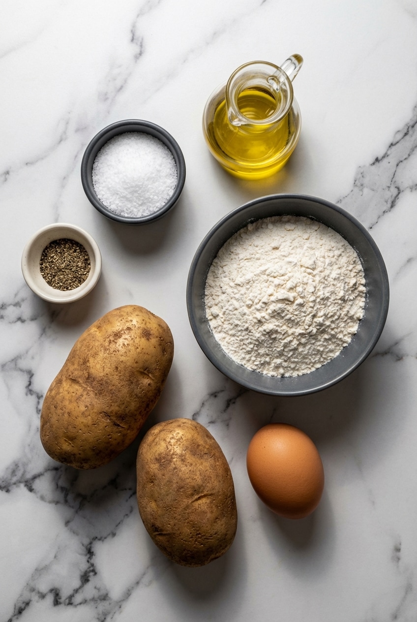 Raw ingredients for german potato pancakes including Russet potatoes, grated onion, rice flour, and clarified butter.