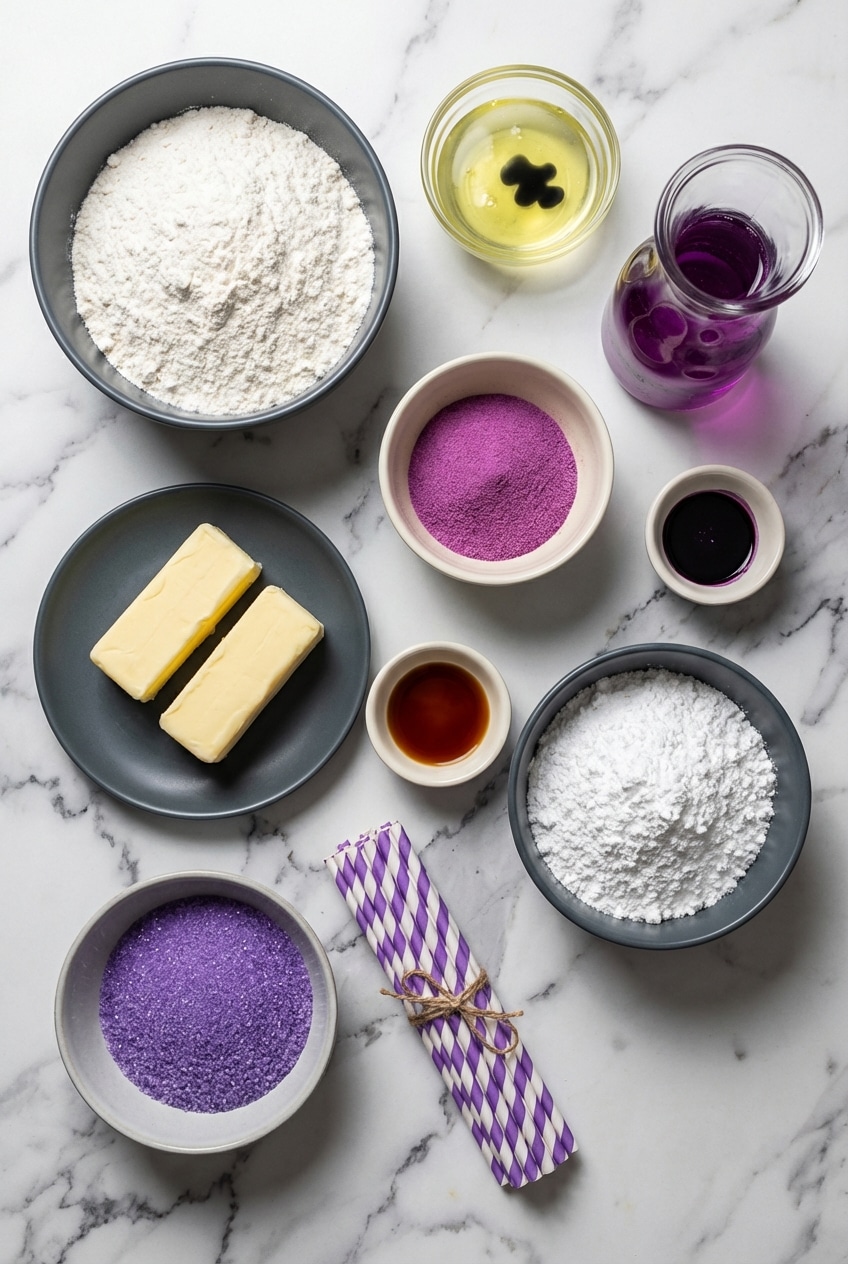 Overhead view of ingredients for Grape Soda Cupcakes, including white cake mix, grape soda, and powdered sugar.
