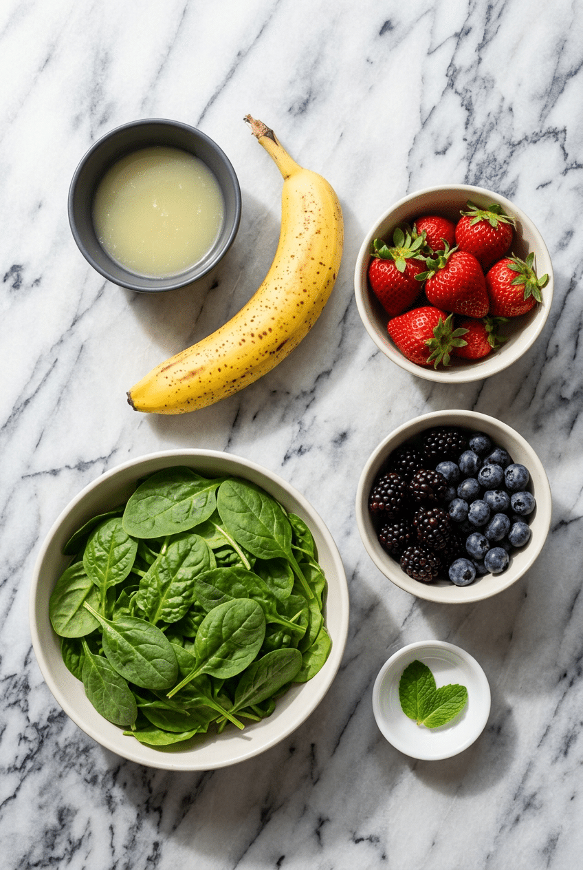 Overhead view of fresh baby spinach, soaked chia seeds, and fruit ingredients for green smoothie recipes for weight loss.