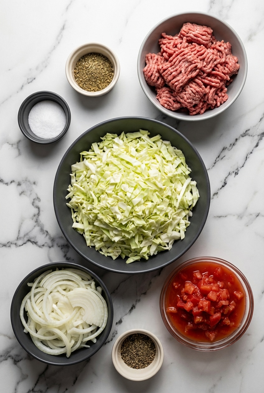 Flat lay of ingredients for ground beef and cabbage featuring green cabbage, lean ground beef, and tomato paste.