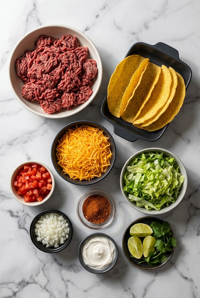 Overhead view of raw ingredients for Ground Beef Tacos including 80/20 beef, taco seasoning spices, tomato paste, and corn tortillas.