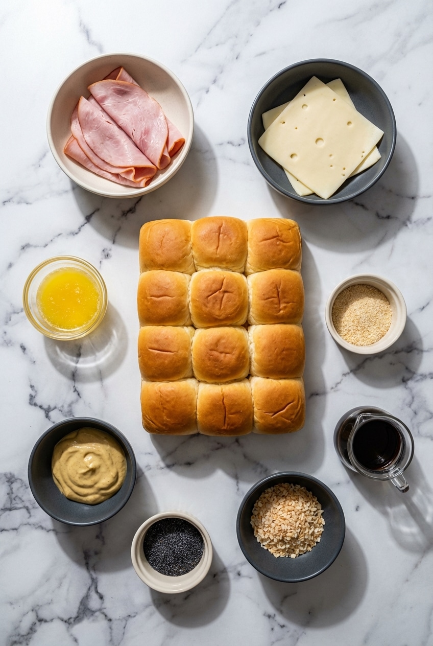 Ingredients for Hawaiian Roll Sliders including King's Hawaiian rolls, deli ham, Swiss cheese, and Dijon mustard.