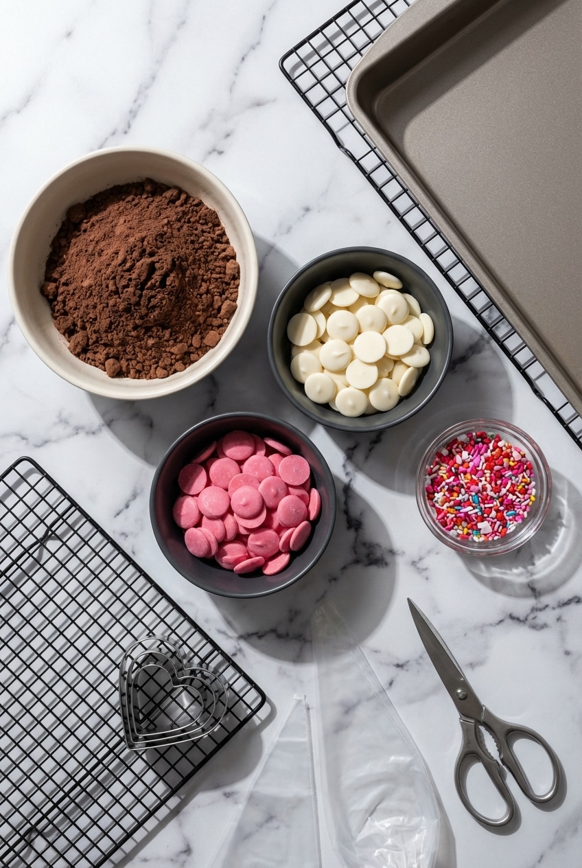 Flat lay of heart shaped brownies ingredients like Dutch-process cocoa, espresso powder, and parchment paper.