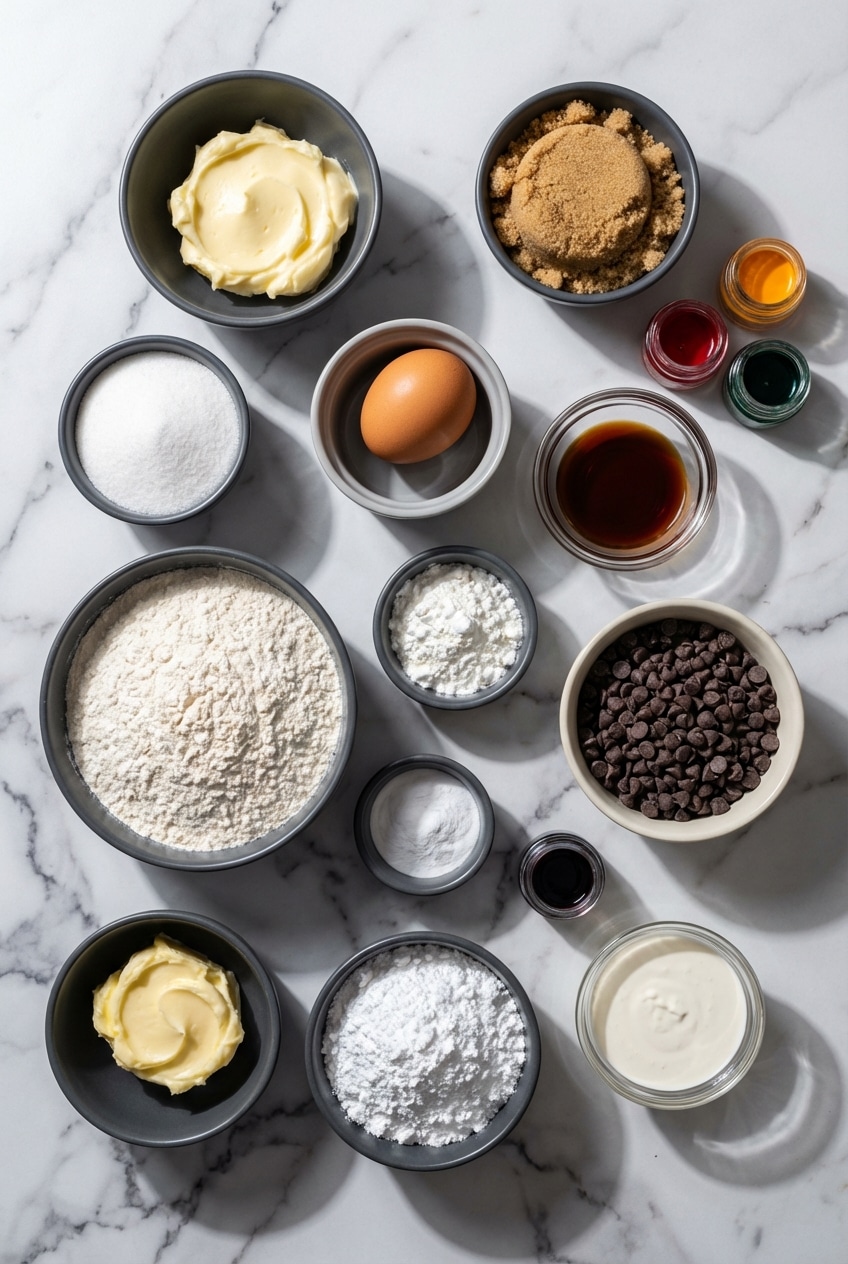 Flat lay of Heart Shaped Cookie Cake ingredients including semi-sweet chocolate chips, brown butter, and cornstarch.