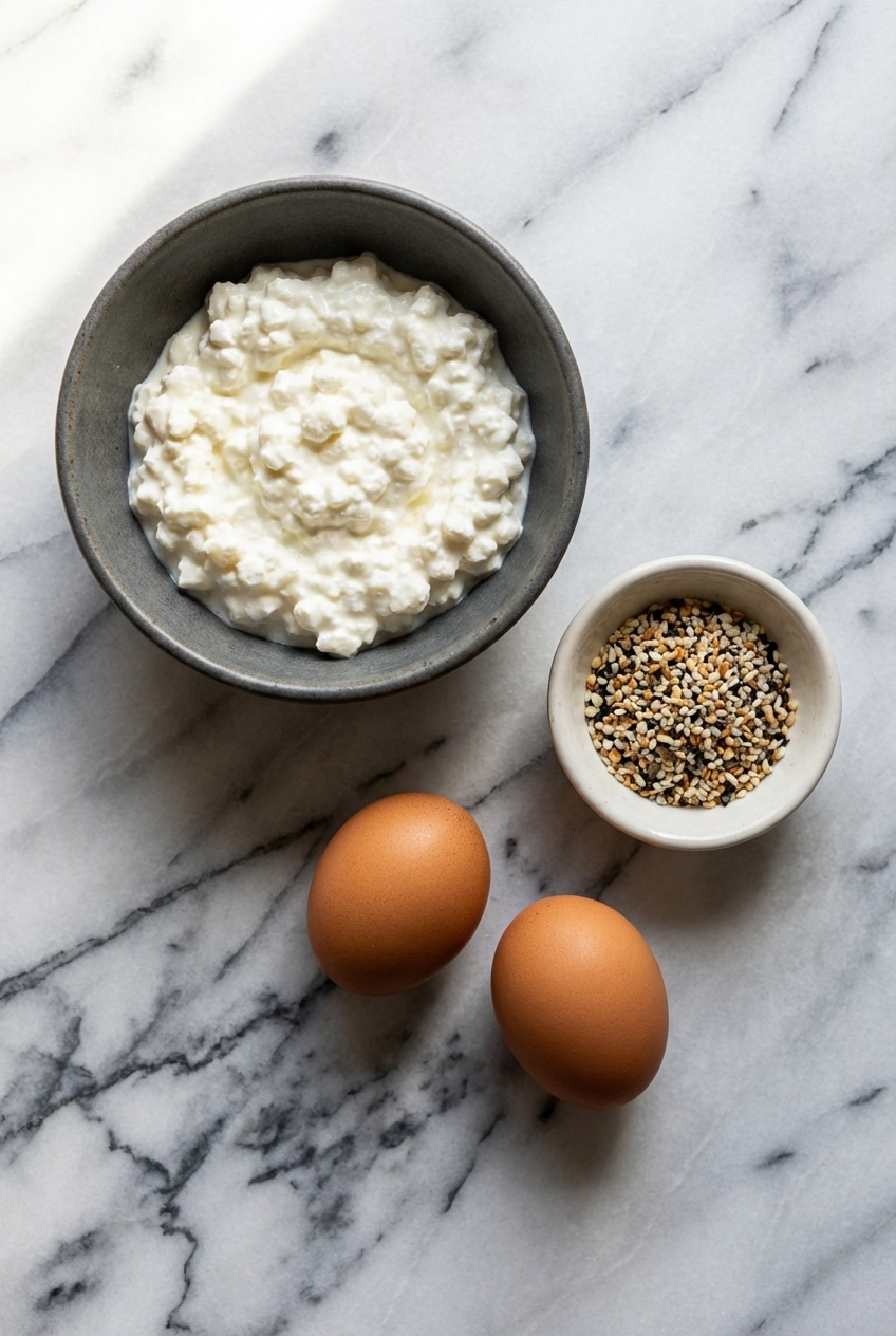 Ingredients for Cottage Cheese Breakfast Rounds including eggs, everything bagel seasoning, and oat flour on a counter.