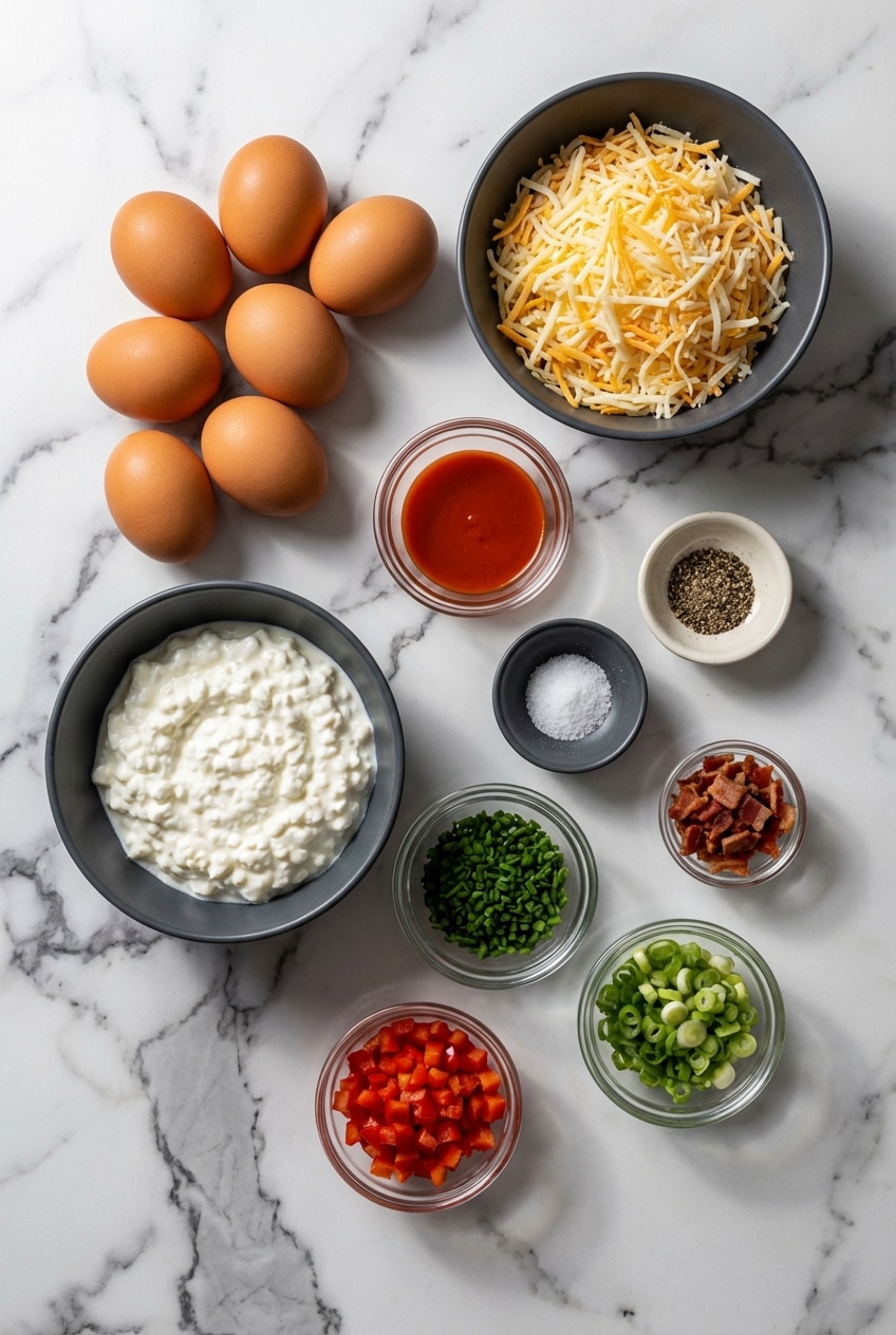 Ingredients for cottage cheese egg bites laid out, including full-fat cottage cheese, eggs, Gruyere cheese, and cornstarch.