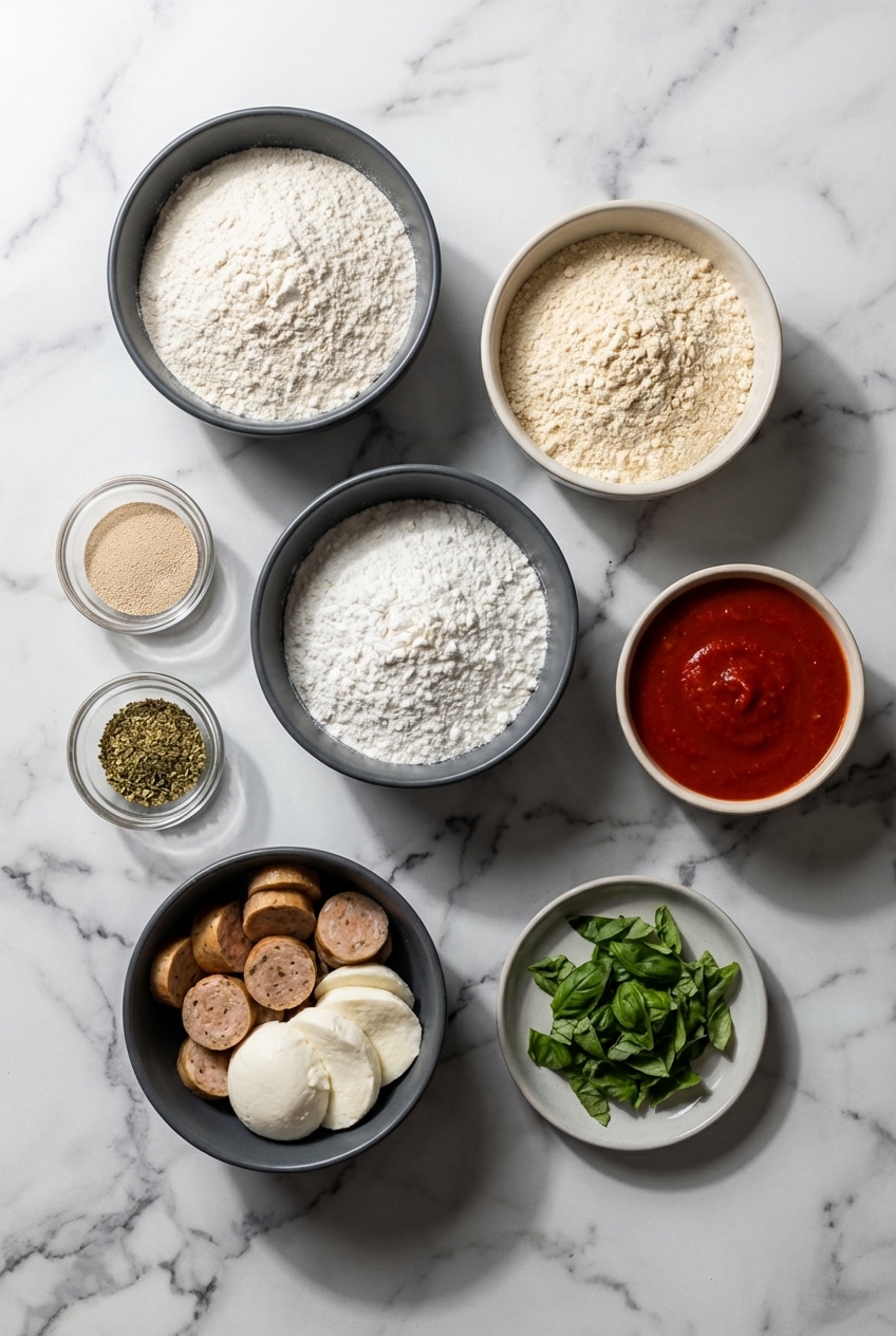 Flat lay of protein pizza ingredients including vital wheat gluten, soy flour, and San Marzano tomatoes on a clean surface.