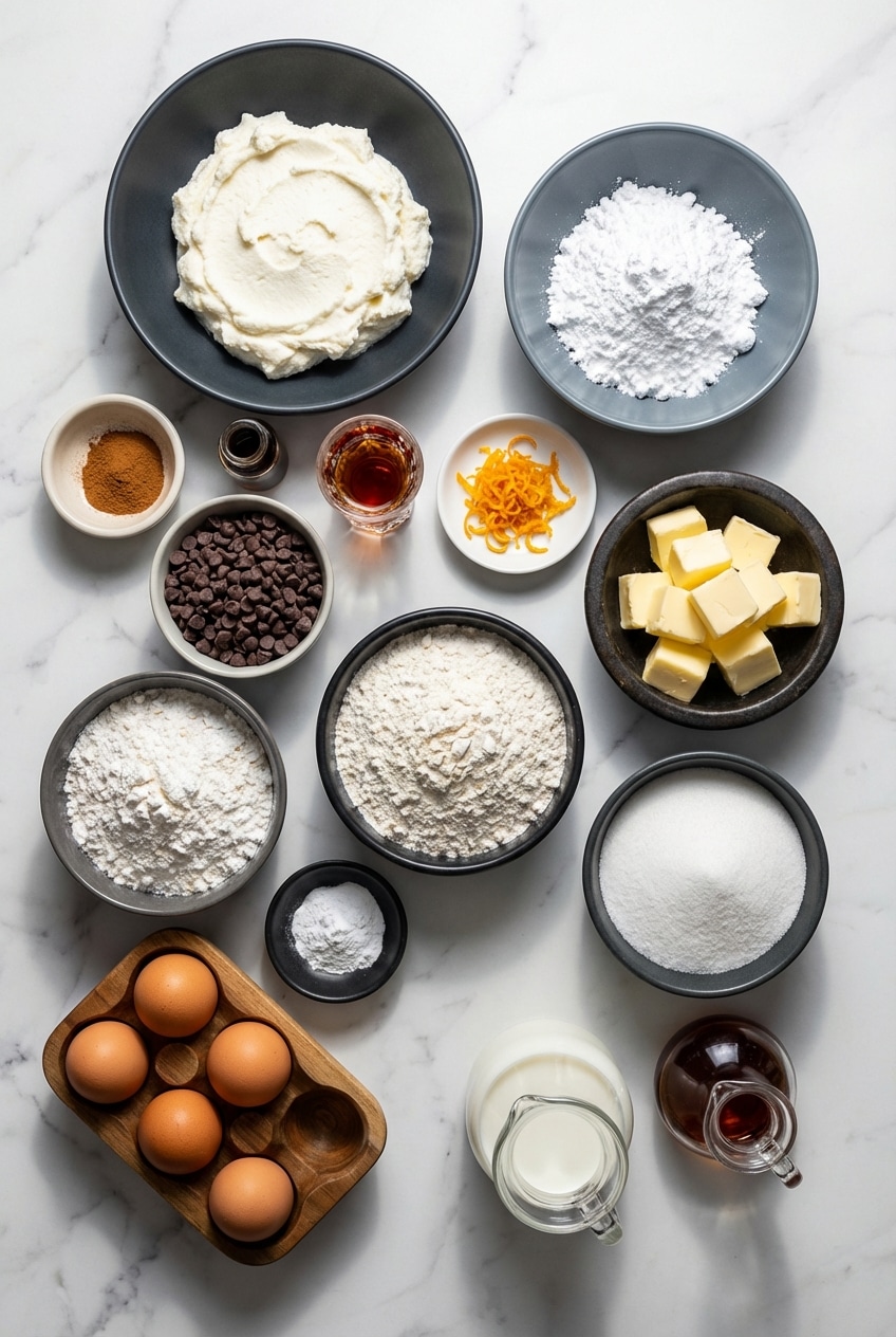 Overhead view of ingredients for cannoli cake including ricotta cheese, mascarpone, orange zest, and pistachios