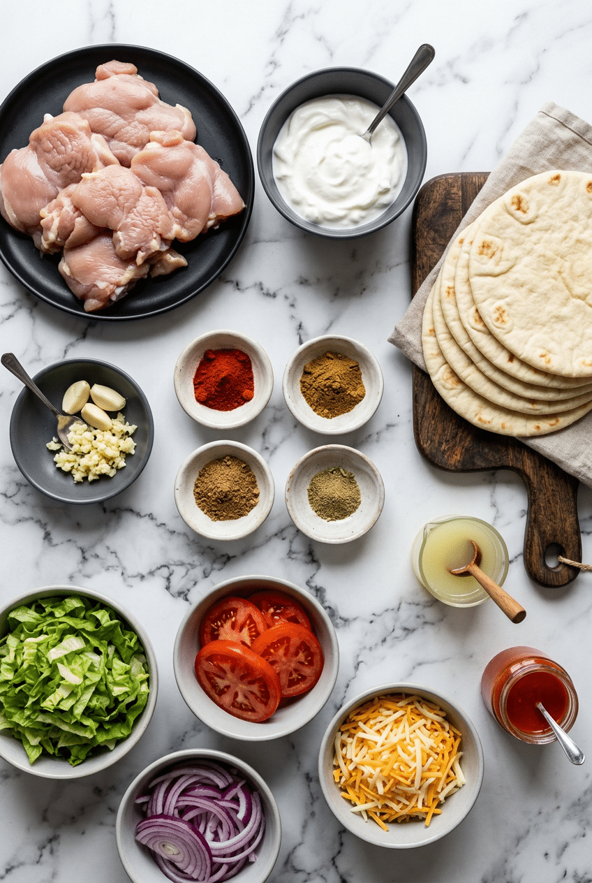 Overhead view of raw chicken thighs, turmeric, cumin, and cardamom spices laid out for a chicken shawarma recipe