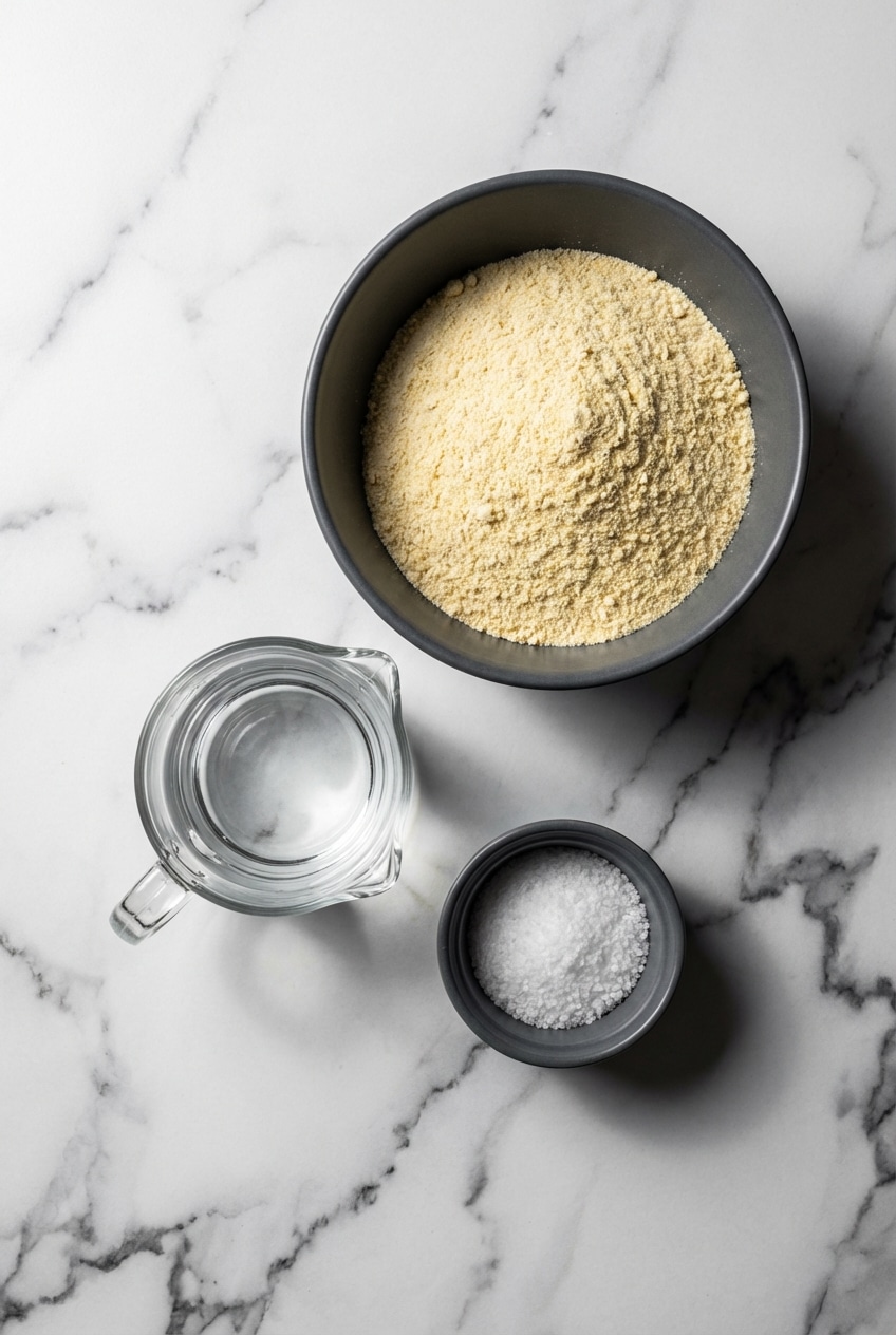 Raw ingredients for corn tortillas including Masa Harina, warm water, and a jar of honey for the dough.