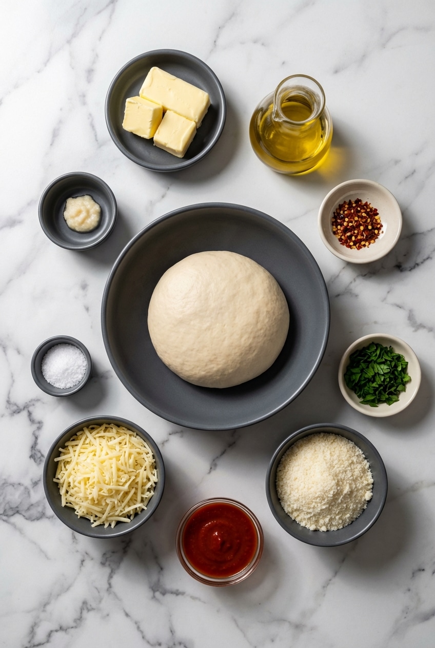 Overhead view of pizza dough, fresh garlic cloves, parmesan cheese, and parsley for making garlic knots.