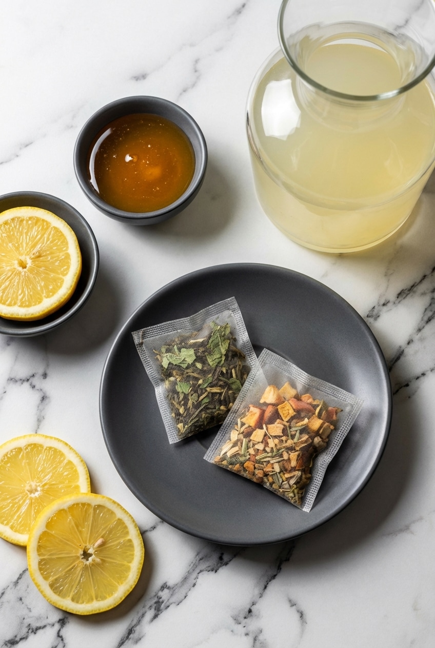Flat lay of starbucks medicine ball recipe ingredients including mint tea, peach tea, lemon, and fresh ginger slices.