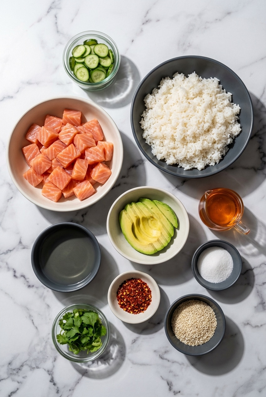 Raw ingredients for a hot honey salmon bowl including Atlantic salmon, hot honey, sriracha, and jasmine rice.