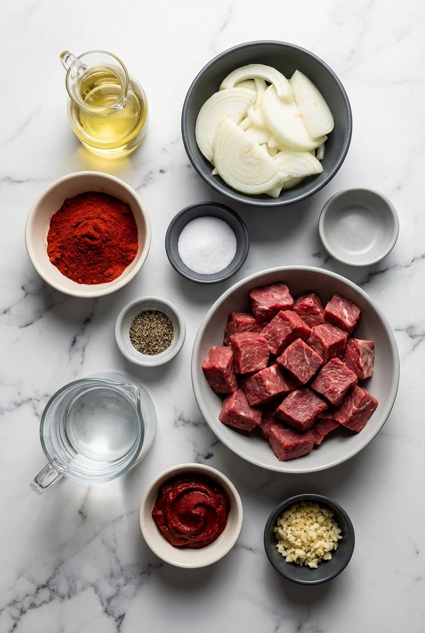 Raw beef chuck cubes, Hungarian sweet paprika, tomato paste, and caraway seeds for Hungarian Goulash.