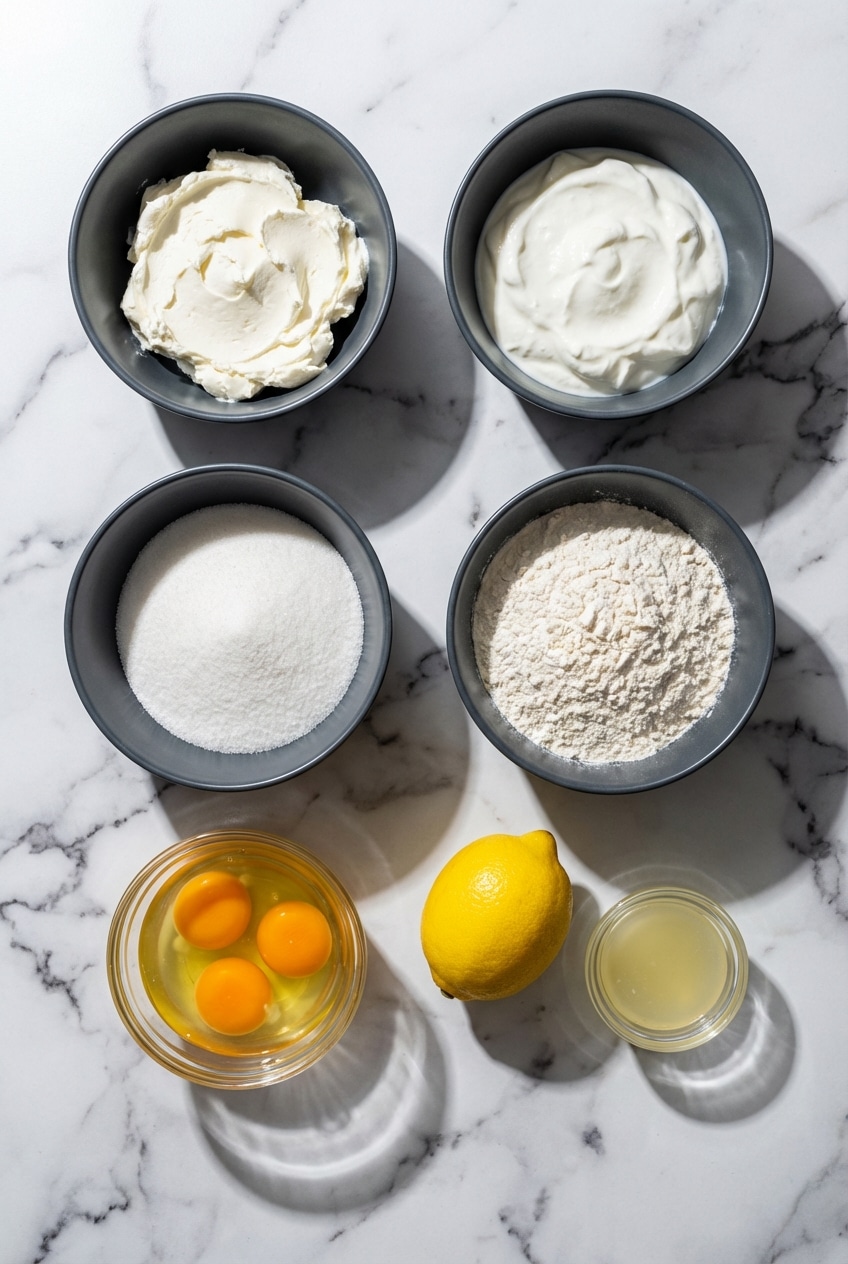 Flat lay of Japanese Yogurt Cheesecake ingredients including Greek Yogurt, Skyr, and Sablé Cookies.