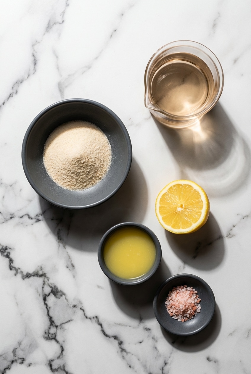 Raw ingredients for jillian michaels gelatin recipe including unflavored gelatin, grass-fed beef collagen, and apple cider vinegar.