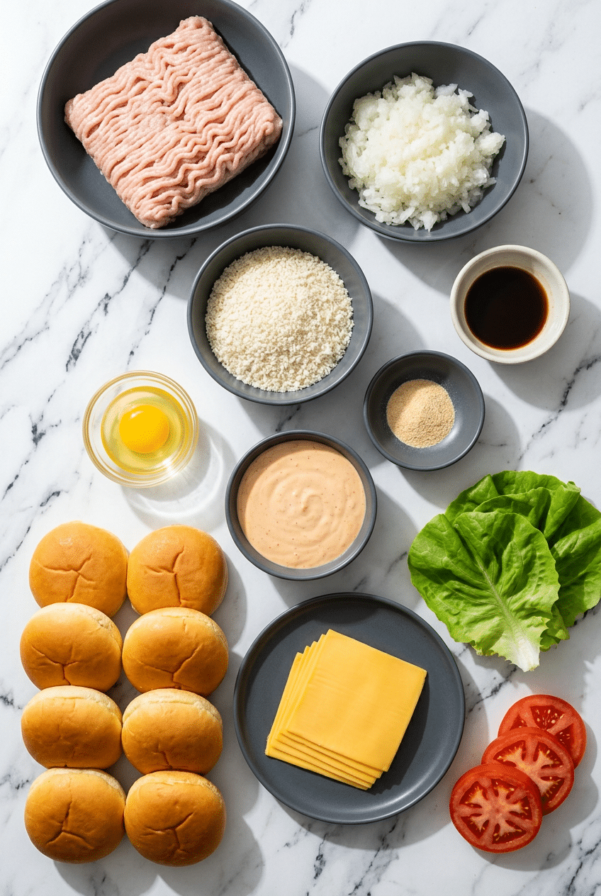 Raw ingredients for grilled chicken burgers including 93% lean ground chicken, mayonnaise, panko breadcrumbs, and an egg yolk.