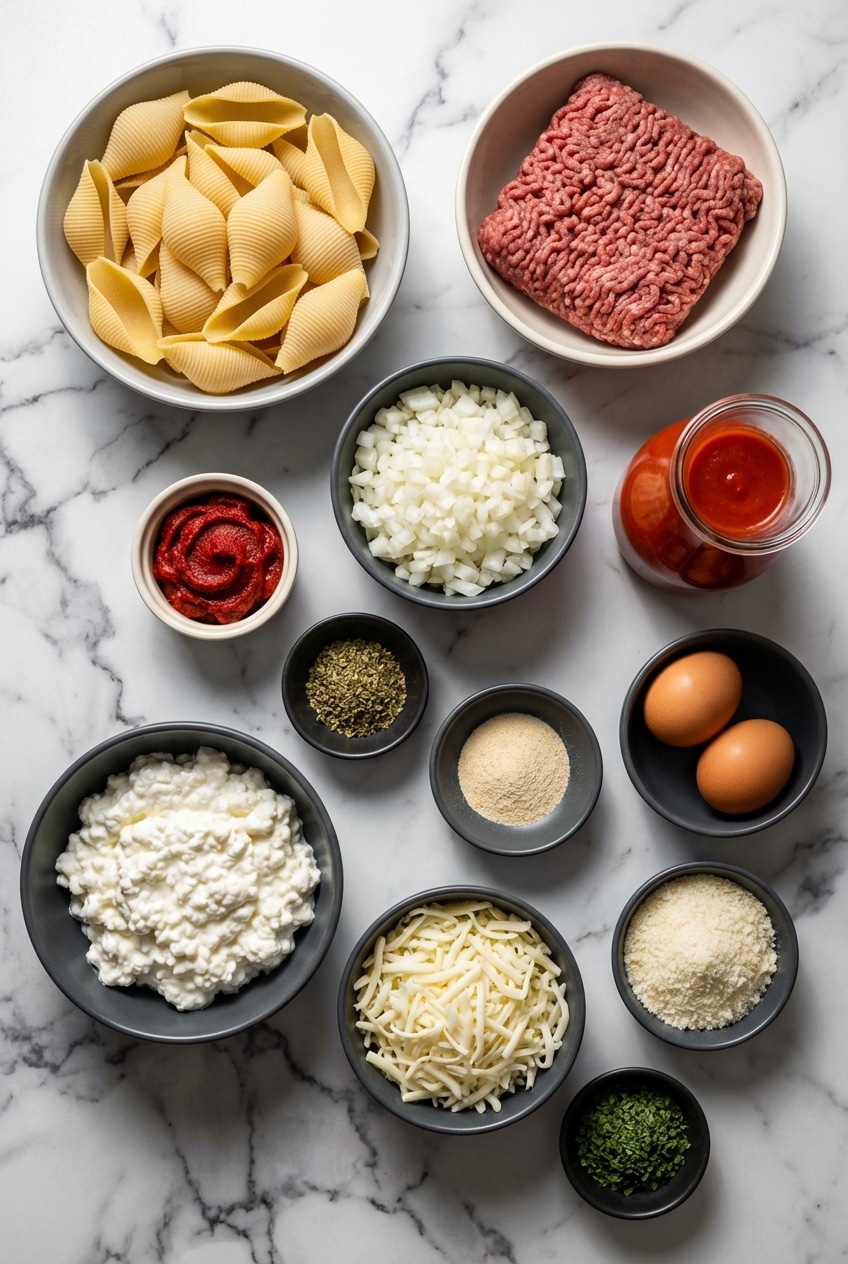 Ingredients for lasagna stuffed shells including jumbo pasta shells, ricotta cheese, and savory marinara sauce.
