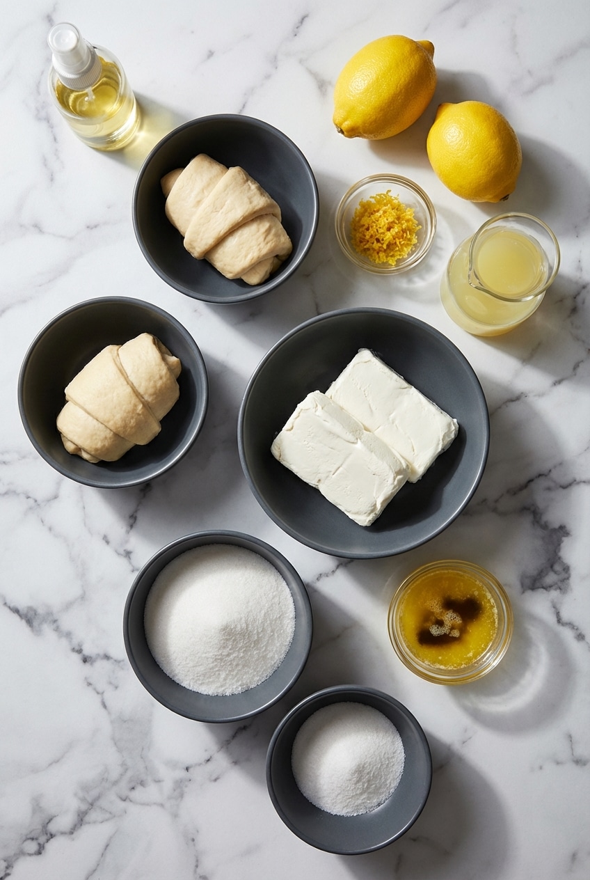 Ingredients for lemon cream cheese bars including crescent roll dough, fresh lemon zest, and cream cheese.