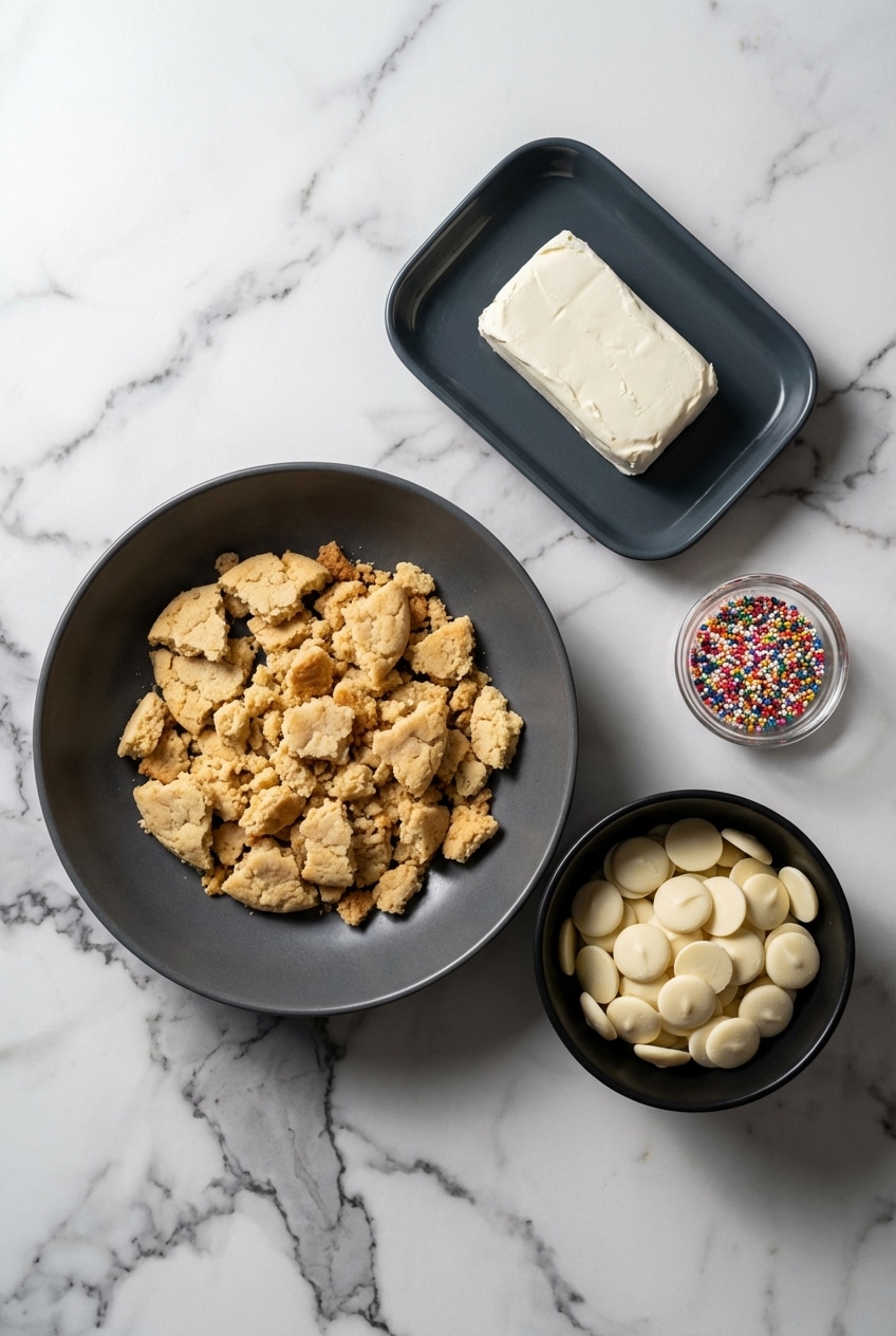 Overhead flat lay of ingredients for sugar cookie truffles including cream cheese, white chocolate, vanilla extract, and a fresh lemon