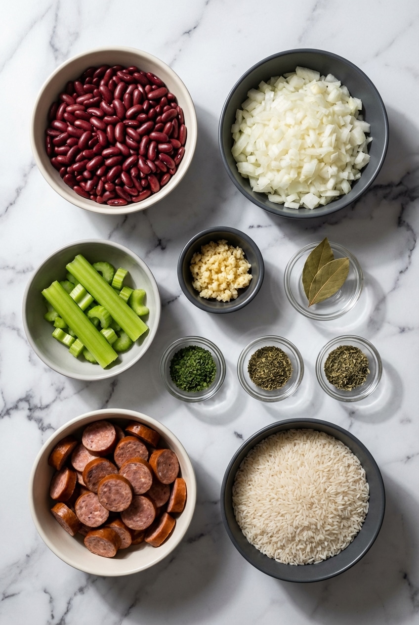 Raw ingredients for Louisiana red beans and rice recipe including Camellia beans, Holy Trinity vegetables, and spices.