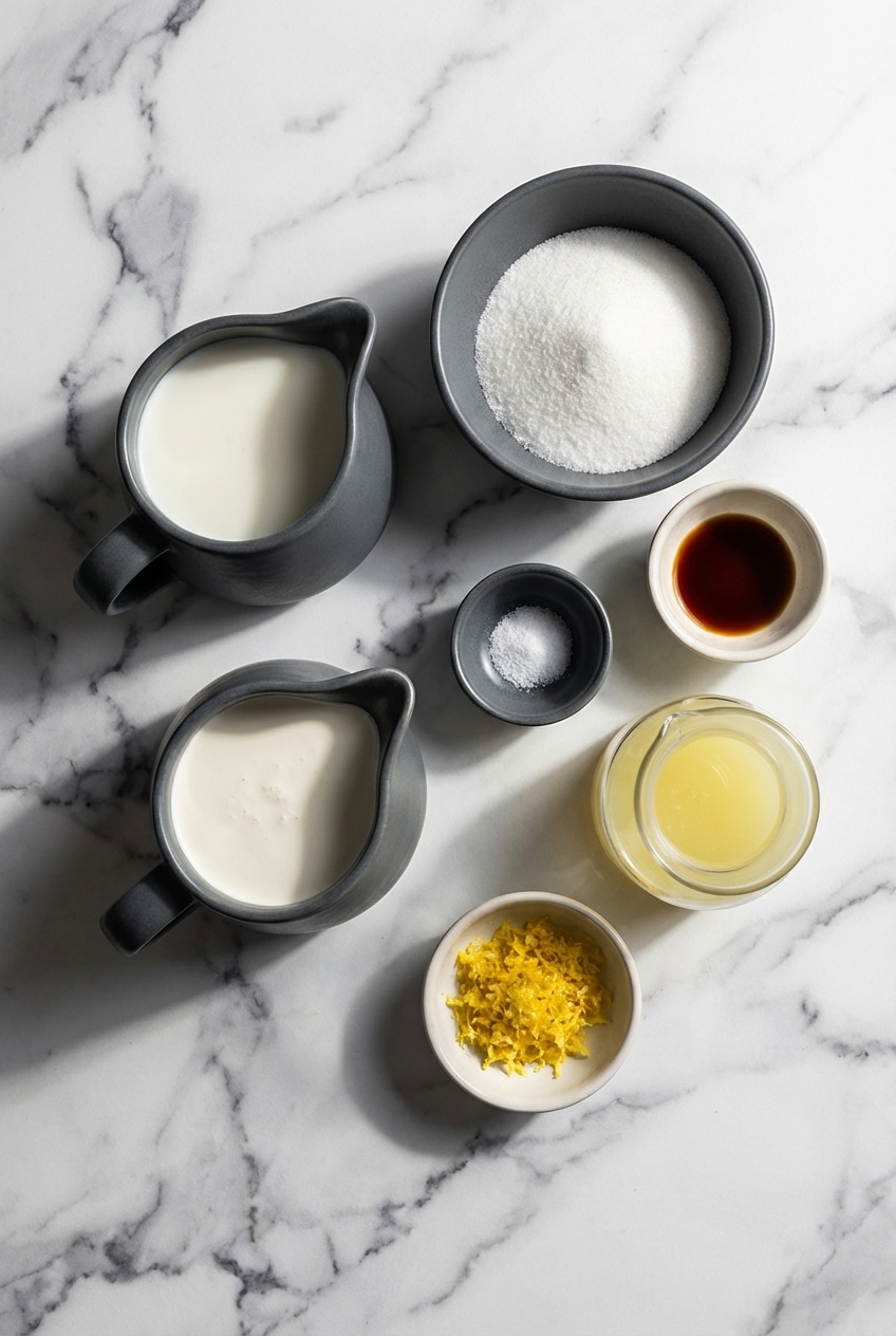 Flat lay of lemon ice cream ingredients including heavy cream, whole milk, fresh lemon zest, and white chocolate.